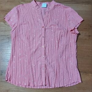Women's East 5th Short Sleeve Pink Floral Crinkle Button Up Top Size L Large